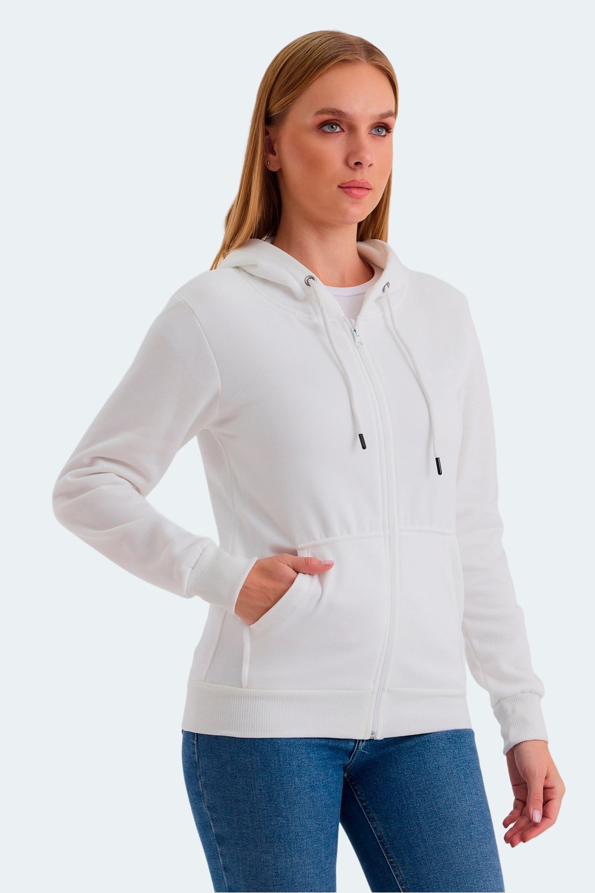 Slazenger KATYA Kadın Fermuarlı Kapüşonlu Cepli Beyaz Sweatshirt ST23WK081