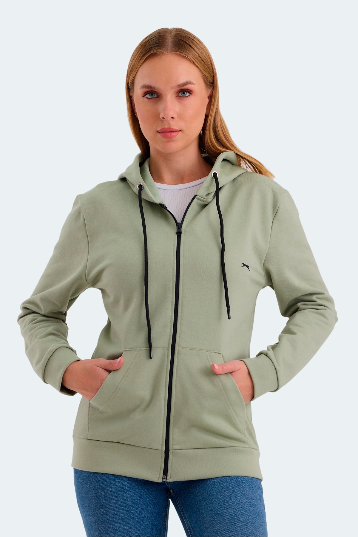 Slazenger KATYA Kadın Fermuarlı Kapüşonlu Cepli Yeşil Sweatshirt