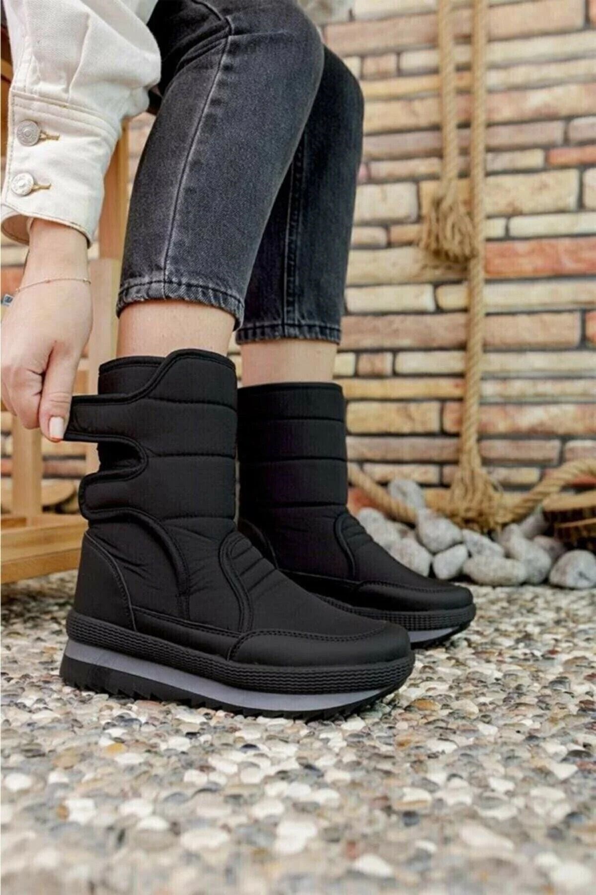 İncim ® | Wintfest Unisex Siyah İçi Kürk Kaydırmaz Termal Taban Cırtlı Çizme Yağmur & Kar Botu