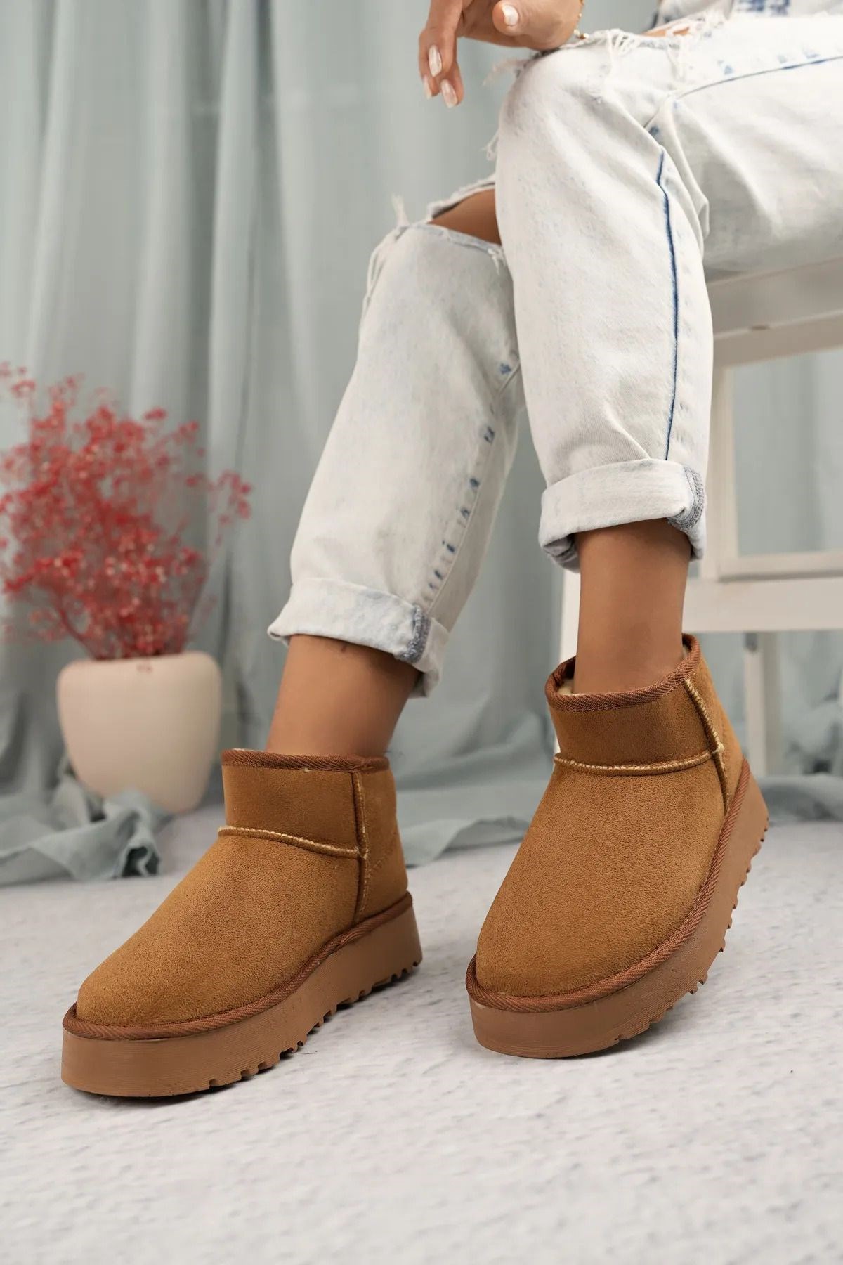 Feelup Taba İçi Kürklü Kalın Taban Bilekte Kısa Soğuğa Dayanıklı Süet Kadın Bot & Bootie