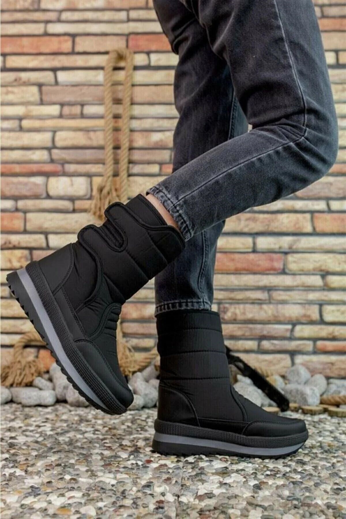 İncim ® | Wintfest Unisex Siyah İçi Kürk Kaydırmaz Termal Taban Cırtlı Çizme Yağmur & Kar Botu