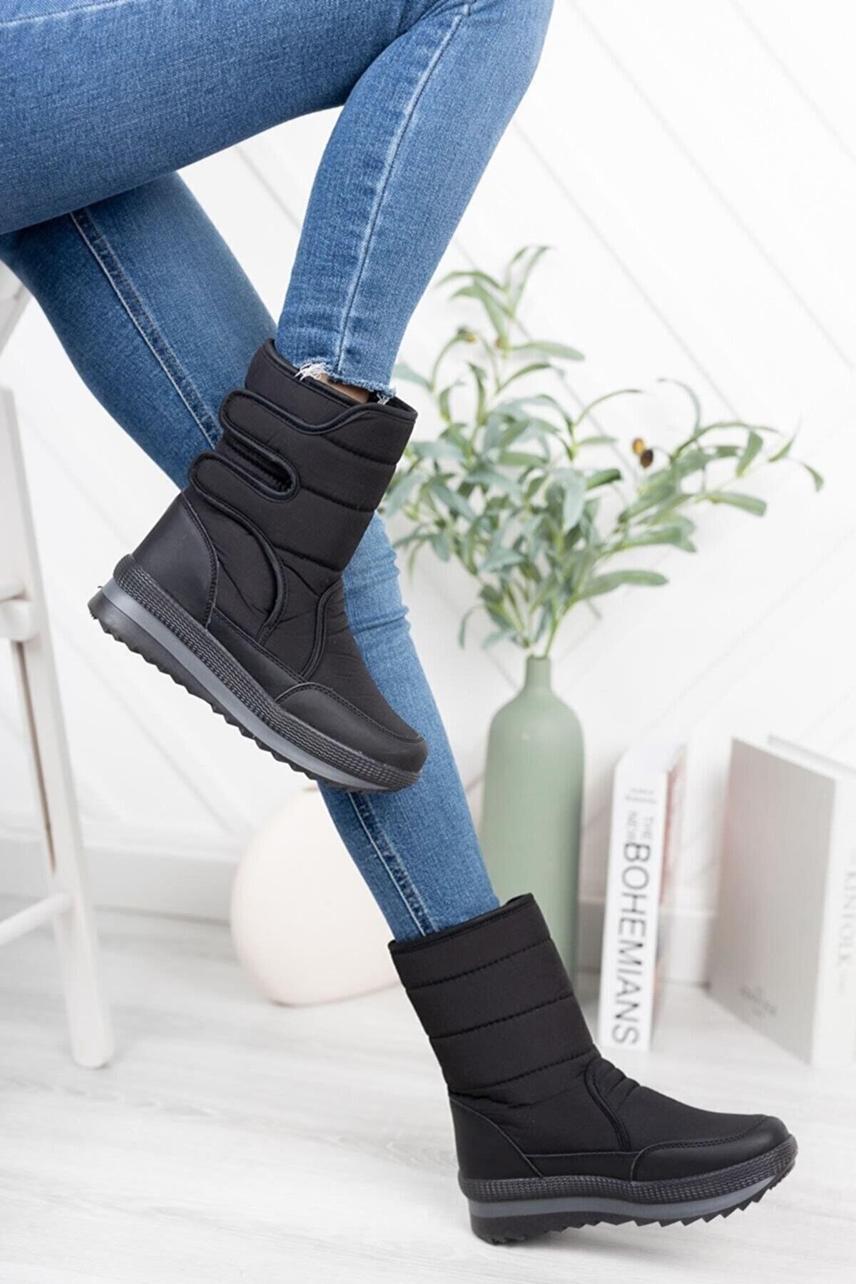 İncim ® | Wintfest Unisex Siyah İçi Kürk Kaydırmaz Termal Taban Cırtlı Çizme Yağmur & Kar Botu