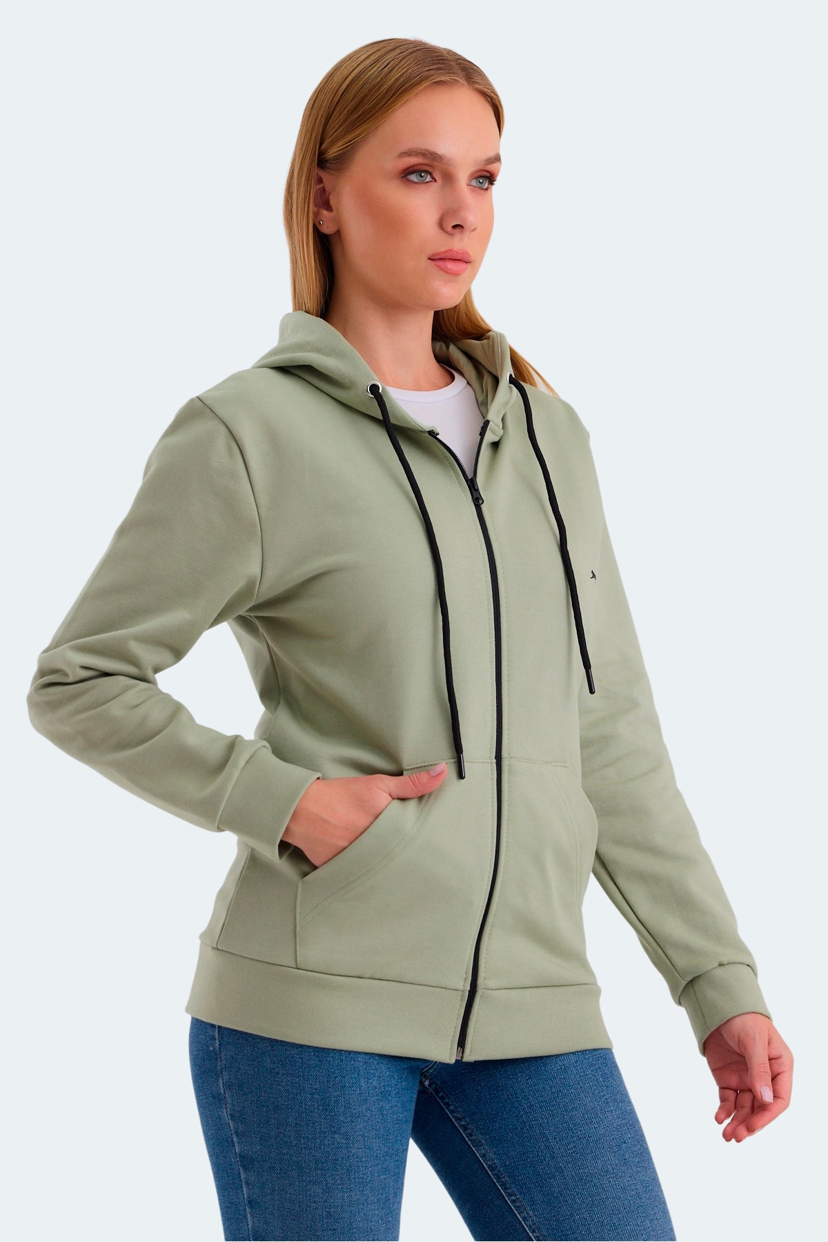 Slazenger KATYA Kadın Fermuarlı Kapüşonlu Cepli Yeşil Sweatshirt
