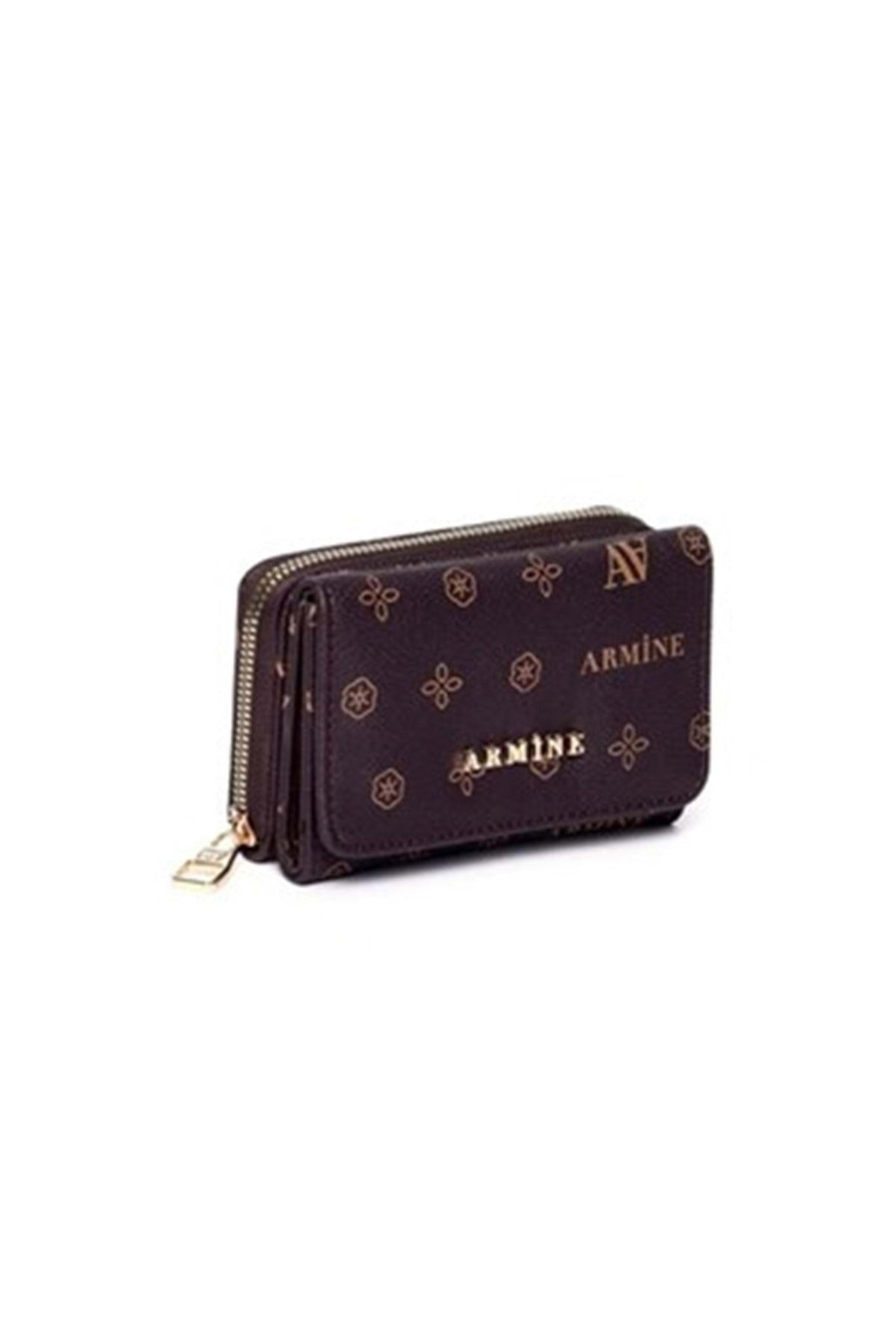 Armine Moda Baskılı Küçük Boy El Çantası ve Cüzdan Kadın Cüzdanı - Kahve