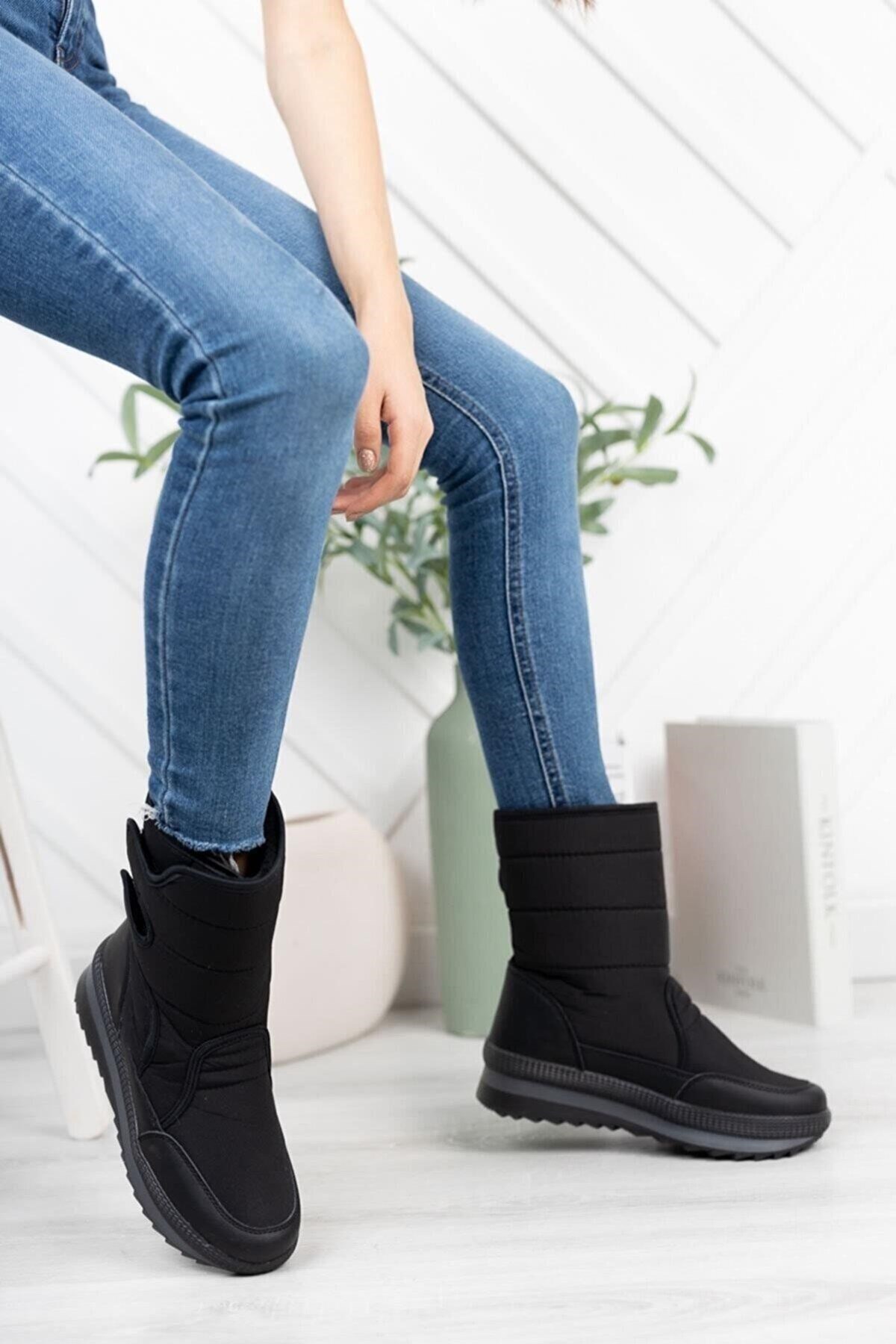 İncim ® | Wintfest Unisex Siyah İçi Kürk Kaydırmaz Termal Taban Cırtlı Çizme Yağmur & Kar Botu