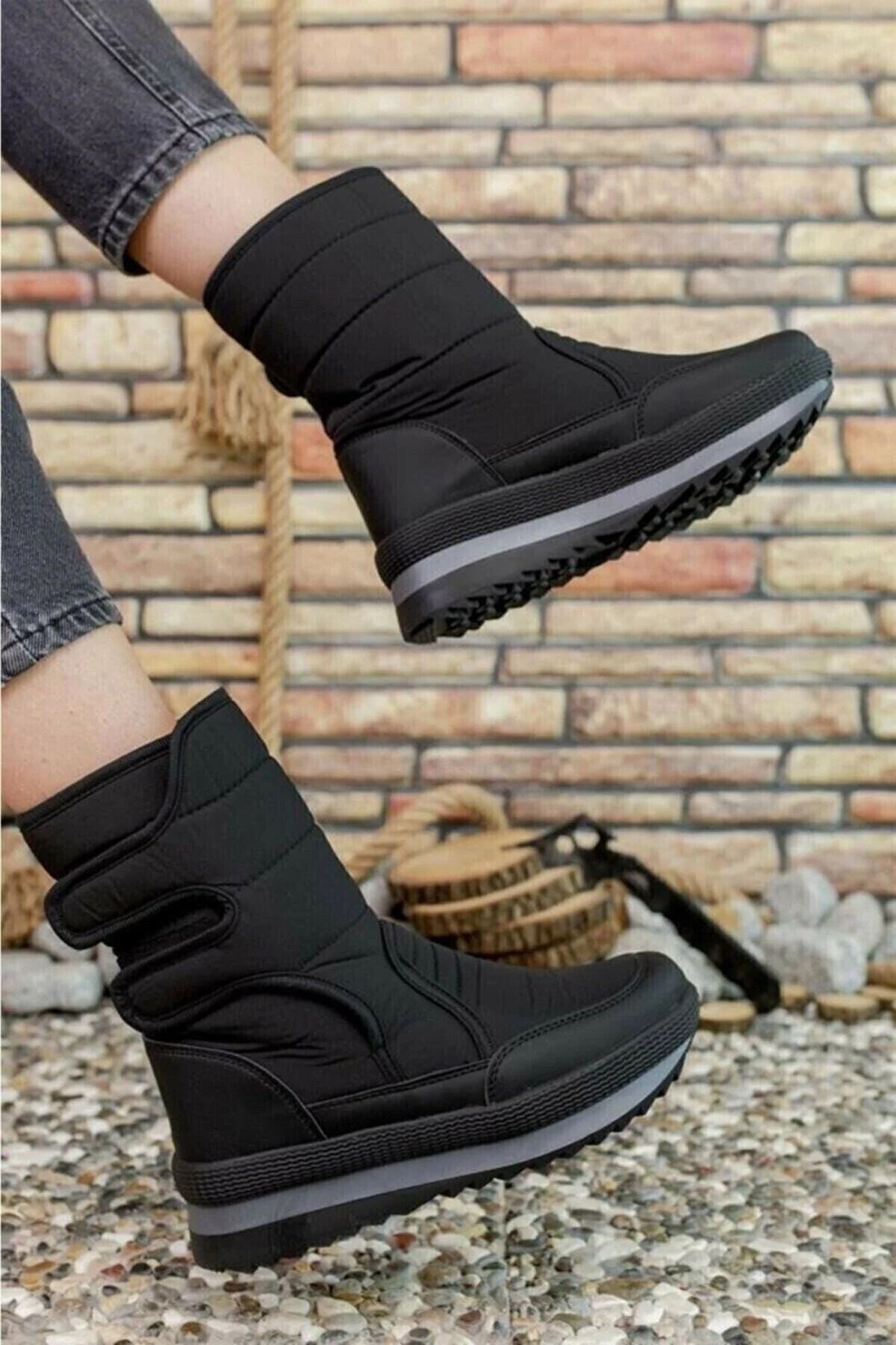 İncim ® | Wintfest Unisex Siyah İçi Kürk Kaydırmaz Termal Taban Cırtlı Çizme Yağmur & Kar Botu