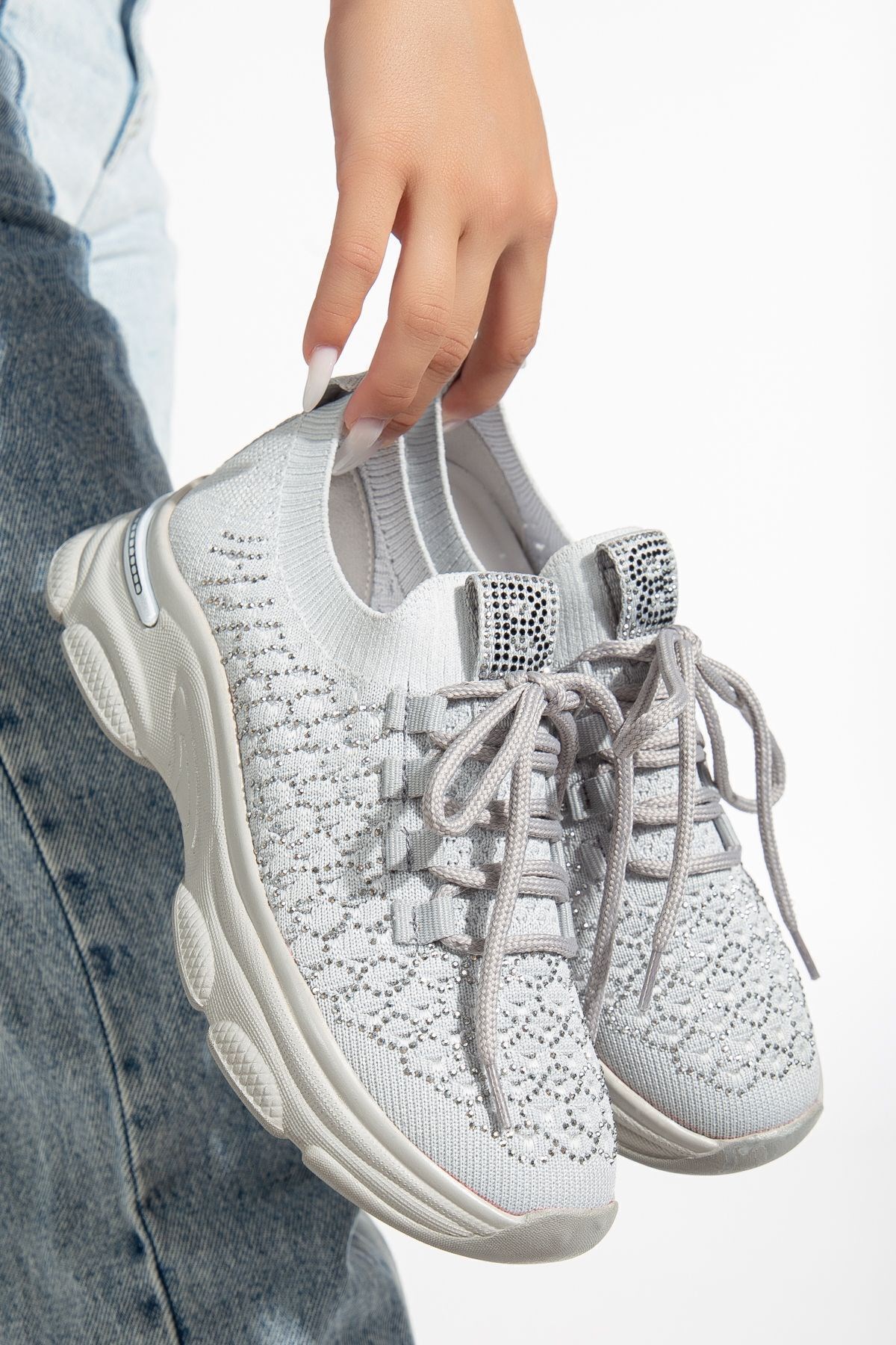 Shine Triko Gri Taşlı Günlük Rahat Konforlu Kadın Spor Ayakkabı Sneaker Shine Triko Gri Taşlı Günlük Rahat Konforlu Kadın Spor Ayakkabı Sneaker